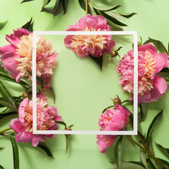White square frame with pink peonies on green background