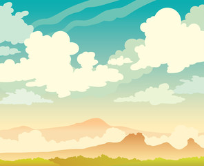 Clouds, sky, mountains, forest. Summer landscape.