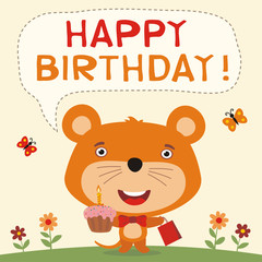 Happy birthday! Funny mouse with birthday cake and gift. Birthday card with mouse in cartoon style.