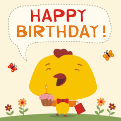 Happy birthday! Funny chicken with birthday cake and gift. Birthday card with chicken in cartoon style.