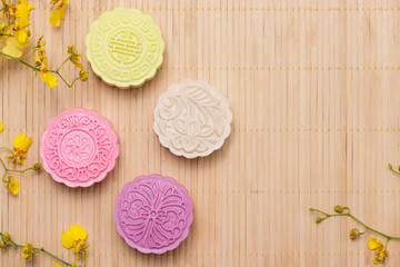 Traditional mooncakes on table with copyspace.