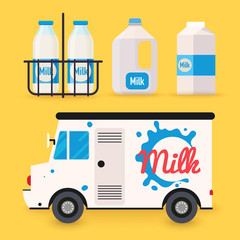Dairy milk delivery service and milk bottles, packing. Local delivery van. Flat design modern vector illustration concept.