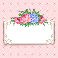 Invitation or greeting card template with roses in retro style. Vector Illustration