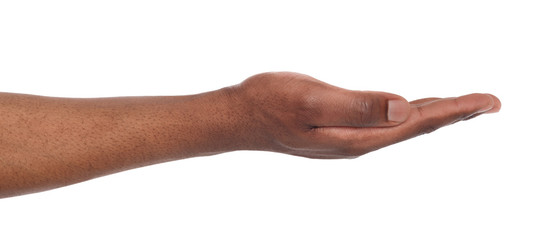 Man holding palm open isolated on white