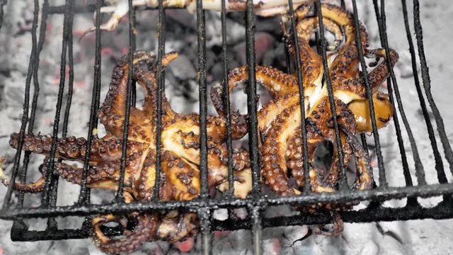 Octopus on a grill. 4k quality.