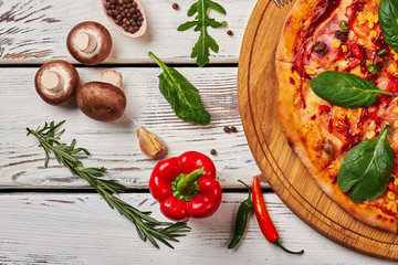 Fresh pizza with vegetables.