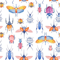 Watercolor beetle vector pattern