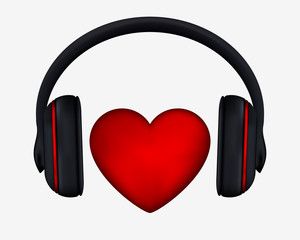 Headphones and Heart. Concept for Love Listening to Music. Isolated on White