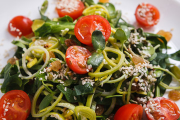 Restaurant dish - vegetable salad on rustic table