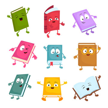 Funny and cute cartoon book vector characters. Happy library books mascots set