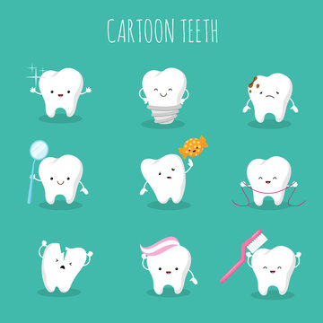 Cute cartoon tooth vector set. Baby teeth health and hygiene icons