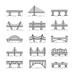 Set of linear icons bridges of different typologies and designs. Vector logos bridges in flat outline style isolated on white background.
