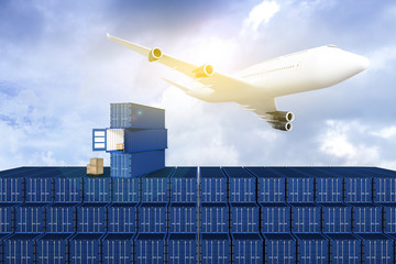 3D rendering : illustration of Wide view of Container terminal with blue sky and Commercial airplane flying above blue sky and clouds. Warehouse & shipping. logistic concept. filtered image
