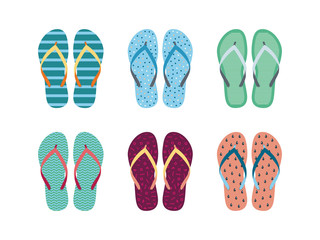 Summer flip flops set isolated on white background. Flip flops with different designs drawn in flat style