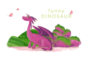 Hand drawn artistic funny dinosaur portrait with nature elements isolated on white background. Friendly animal character design. Children book illustration.