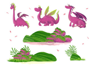 Naklejka premium Hand drawn artistic funny dinosaur portrait with nature elements isolated on white background. Friendly animal character design. Children book illustration.