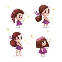 Collection of hand drawn portrait of cute little girl with long brown hair standing isolated on white background. Pretty child illustration with nature firefly elements.