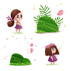 Artistic hand drawn collection of nature elements and cute little girls with long brown hair and pink dress standing isolated on white background. Watercolor style illustration.