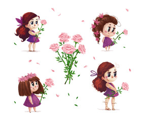 Hand drawn artistic portrait of little cute girl with roses bouquet standing set isolated on white background. Peaceful harmony cute child illustration. Congratulation card, wedding invitation.