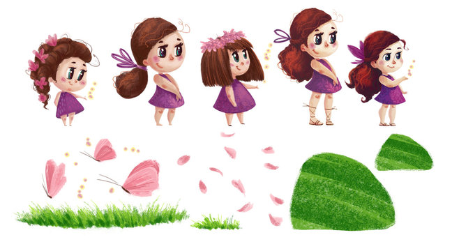 Artistic hand drawn collection of nature elements and cute little girls with long brown hair and pink dress standing isolated on white background. Watercolor style illustration.