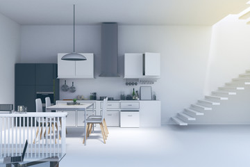 Fototapeta na wymiar 3d rendering : illustration of Kitchen in House. Kitchen Interior in white modern furniture style. black shiny Refrigerator, Pendant Lights, and white Floors. happy home design concept.