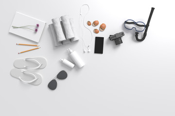 3D rendering : illustration of Top view of essential equipment of summer on vacations. summer holidays accessories composed on pastel color background. summer concept. Trendy pastel colors.