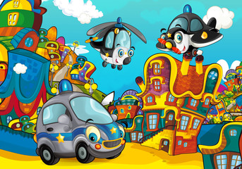 Obraz na płótnie Canvas Cartoon police car smiling and looking in the parking lot / plane and helicopter flying over - illustration for children
