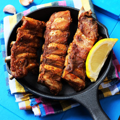 Roast pork spareribs in skillet