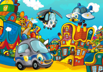 Obraz na płótnie Canvas Cartoon police car smiling and looking in the parking lot / plane and helicopter flying over - illustration for children
