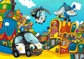 Cartoon police car smiling and looking in the parking lot / plane and helicopter flying over - illustration for children
