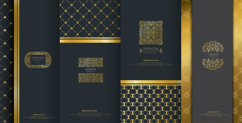 Collection of design elements,labels,icon,frames, for packaging,design of luxury products.Made with golden foil.Isolated on black background. vector illustration