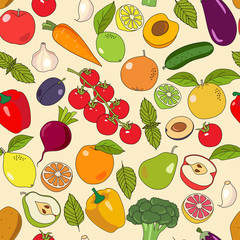 Seamless vector pattern with hand drawn fruits and vegetables