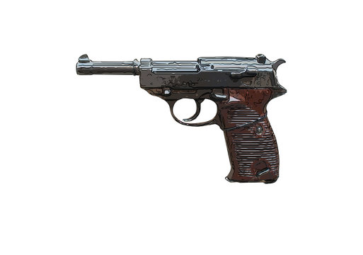 Close up on old vintage illustration of pistol on white background