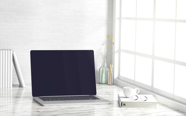 3D Rendering : illustration of modern interior Creative designer office desktop with PC computer.pc laptops mock up working place of graphic design.light from outside. clipping path included