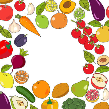 Fruits and vegetables - vector illustration, circular frame template with hand drawn fruits and vegetables