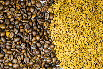 Background of roasted coffee beans and instant coffee granules