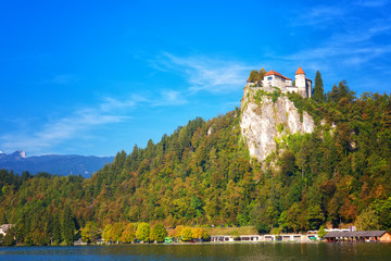Fototapeta na wymiar Lake Bled and the castle on a rock on a sunny day, Slovenia