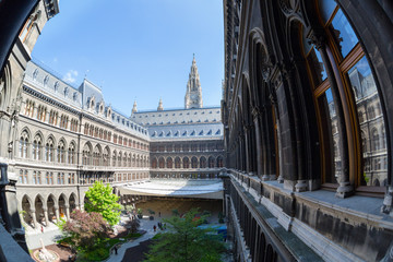 Fototapeta premium Tall gothic building of Vienna city hall , Austria, fisheye