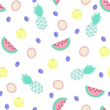 Pastel abstract fruits seamless pattern. Vector hand drawn illustration.