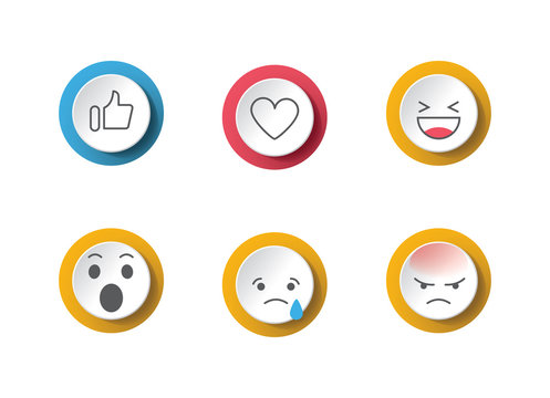 Social network feedback reactions icons - thumbs up, love, smile, angry, wonde