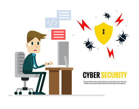 Cyber security concept. Businessman trying to protect his computer from virus. Flat character design. vector illustration