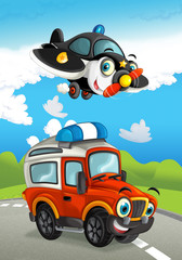cartoon happy traditional offroad truck and plane smiling and flying over
