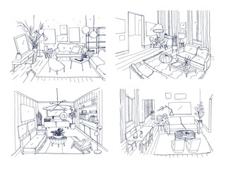 Modern living room interior set. Furnished drawing room collection. Contour vector illustration sketch on light background.
