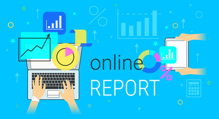 Online report and accounting on smartphone creative concept vector illustration. Human hands typing on laptop keyboard and dogotal tablet with analytics app for creating reports and data sheets online