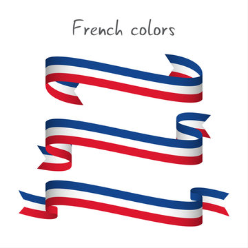 Set of three modern colored vector ribbon with the French tricolor isolated on white background, abstract French flag, Made in France logo