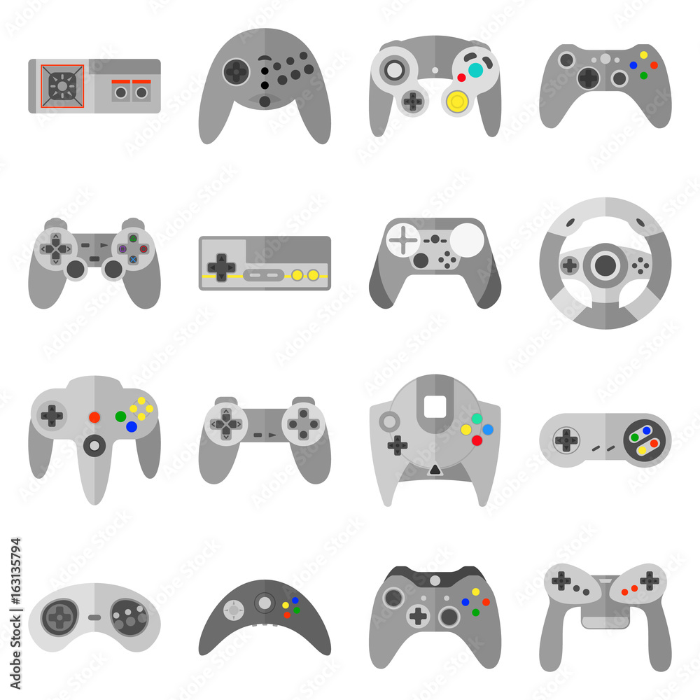 Poster different game controllers. vector illustrations set of computer joy sticks