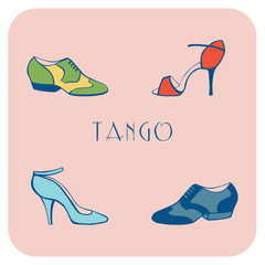Hand drawn argentine tango poster with dancing shoes for men, women, in vintage colors, with text.