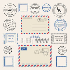 Vector illustrations of letters and postmarks, airmail designs. Antique stamps - obrazy, fototapety, plakaty