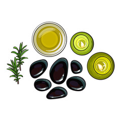 Set of spa salon accessories - basalt stones, massage oil, candles sketch vector illustration on white background. Spa set - stones, massage oil, candles