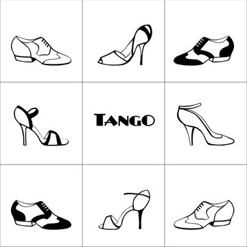 Hand Drawn Argentine Tango Poster With Dancing Shoes Men And Women, On A Tiled Background, In Black And White, With Word Tango.